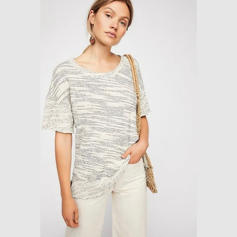 FREE PEOPLE BEACH Women's Cream Blue Heavy Knit Drop Shoulder Top, Raw Edges, M